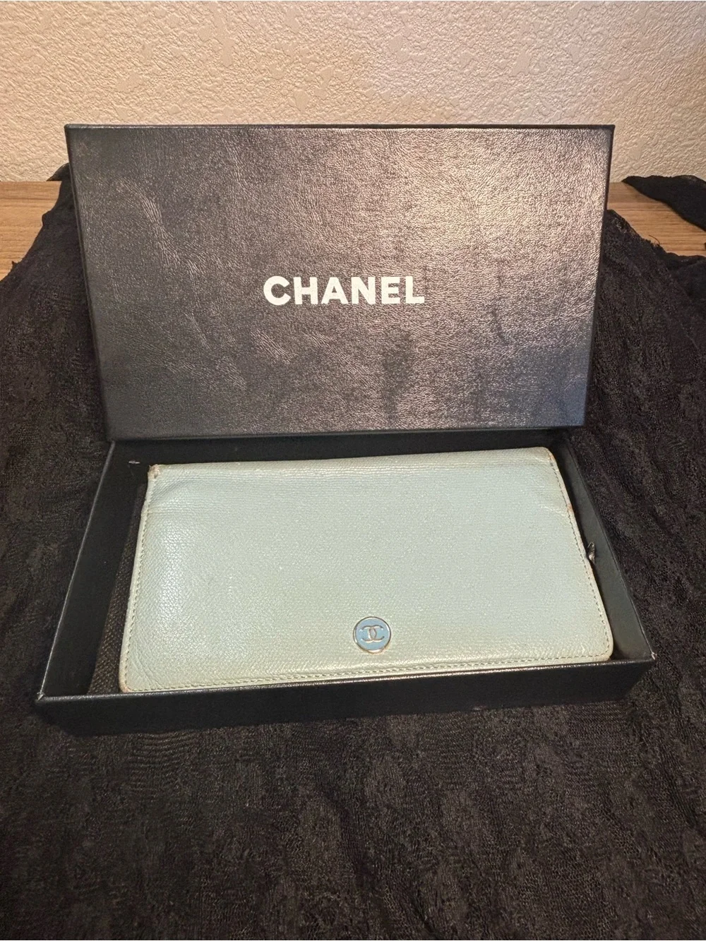 Chanel Coco Button Long Bifold Wallet Light Blue Caviar Leather WOC Chain Box